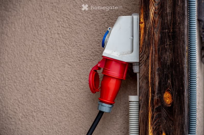 A red and white plug is attached to a wooden post. The plug has a black cable connected to it. The wooden post has a spiral design on the right side.