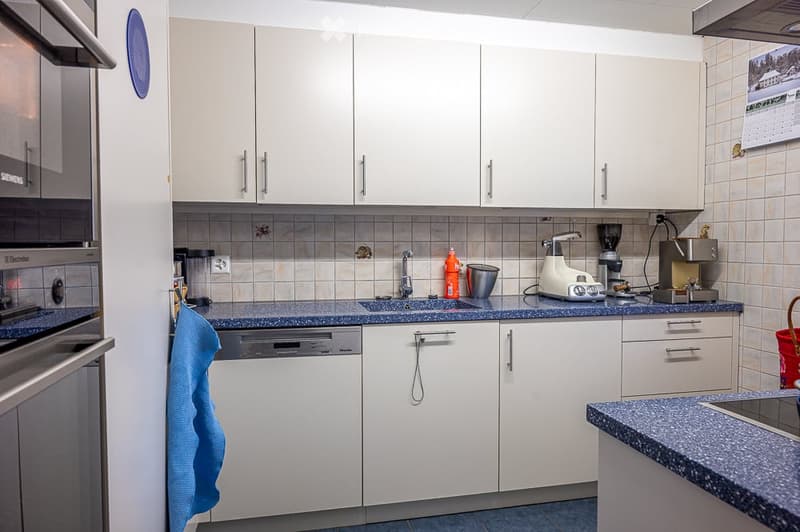 Modern kitchen with white cabinets, blue countertops, and stainless steel appliances.