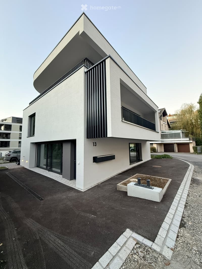 Modern two-story house with white facade, black accents, large windows, and a balcony on the upper level.