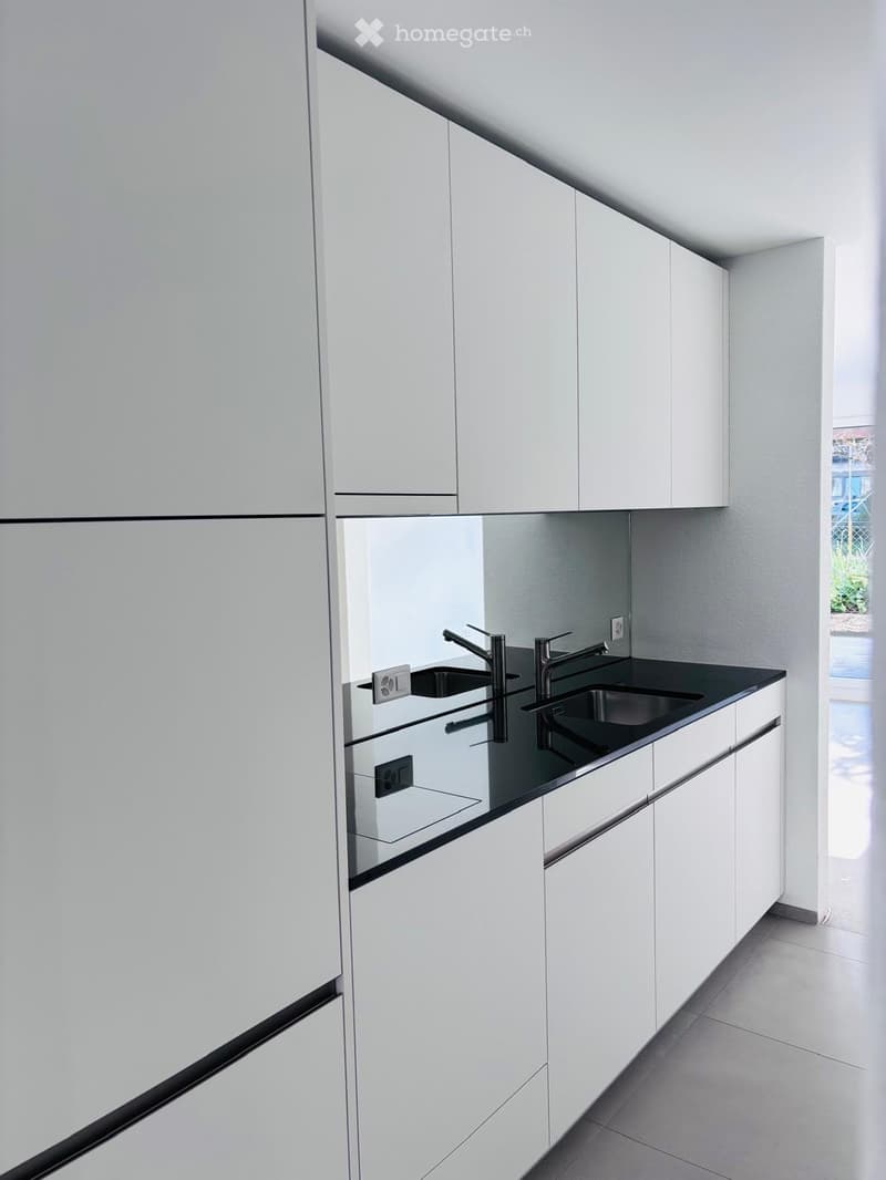 Modern kitchen with white cabinets, black countertop, and stainless steel sink.