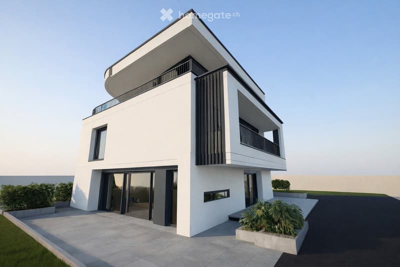 Modern white house with glass doors and windows, black accents, and a driveway.