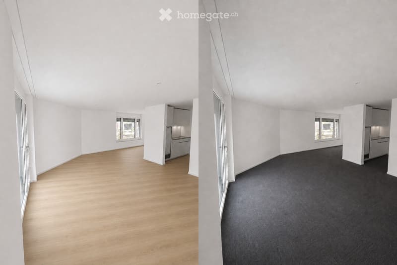 Empty, unfurnished room with white walls, wooden flooring in one section, and carpeted flooring in another. The room features large windows and a modern, minimalist design with no visible furniture or equipment.