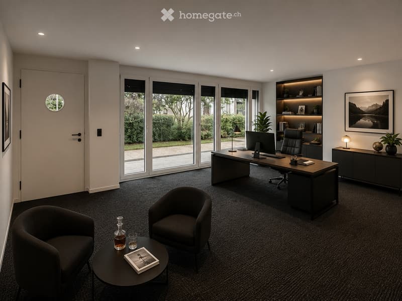 Modern office space with a large desk, ergonomic chair, bookshelf, and a small seating area with a round table and two armchairs. Large windows provide natural light and a view of the garden.