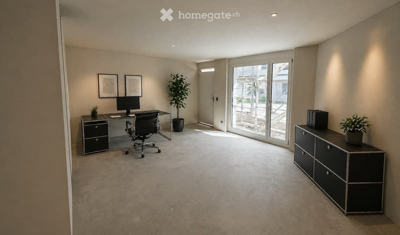 Minimalist office space with a desk, computer monitor, office chair, and potted plants. The room has a modern design with white walls and a concrete floor.