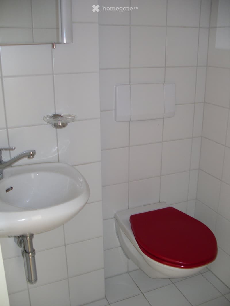 Bathroom with white tiles, a white sink, a silver faucet, a red toilet seat cover, and a soap dish.