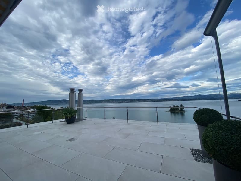 A balcony with a view of the lake and mountains, featuring a tiled floor, metal railing, and potted plants.