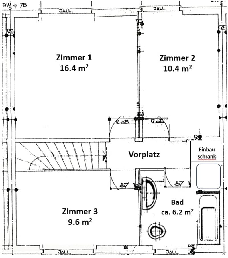 3 rooms, central entrance, bathroom, storage