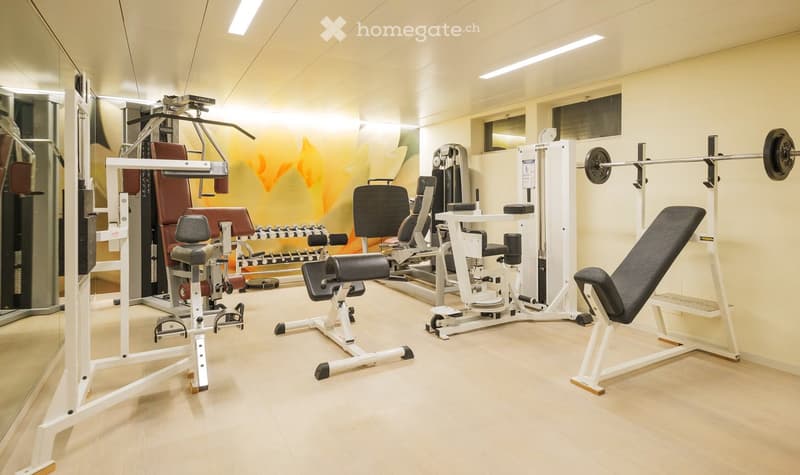Modern gym with various exercise machines and weights. The walls are decorated with a mural.