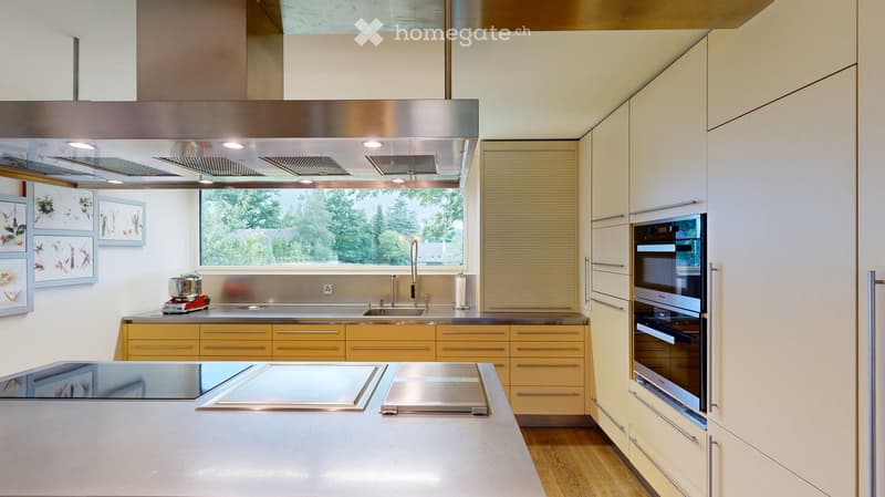 modern kitchen with stainless steel appliances, large kitchen island, wooden floors, large window with view
