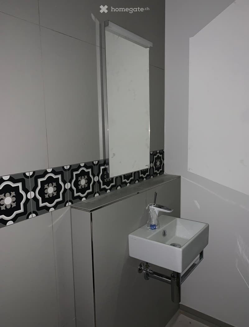 Bathroom. Bathroom with a white sink, faucet, and mirror. The wall has a black and white tile design.