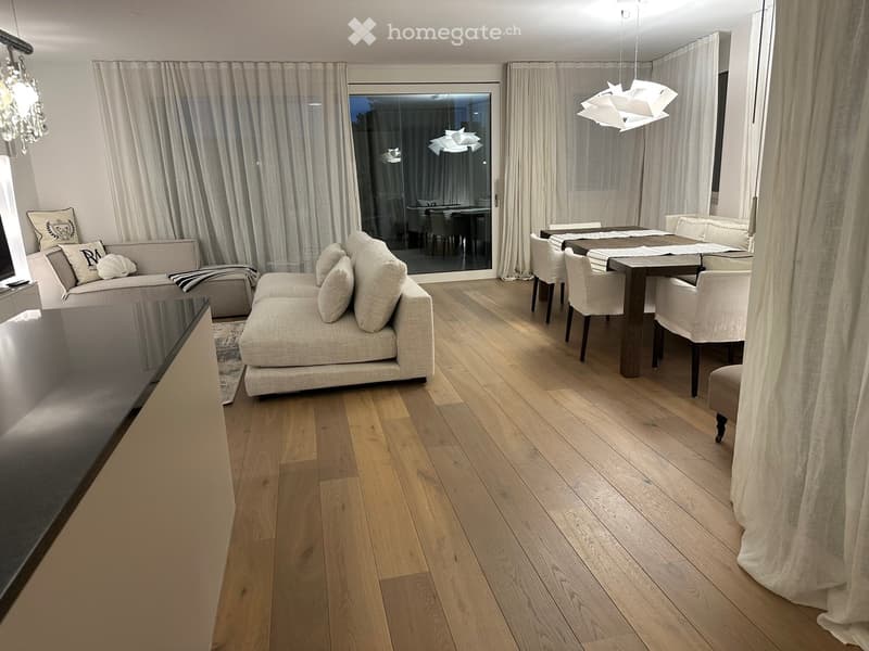 Furnished Room. Open-plan living and dining area with hardwood floors, a large couch, dining table, and modern lighting.