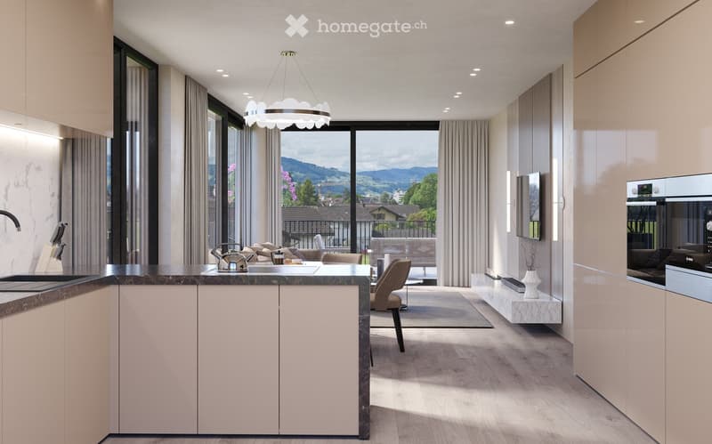 Modern kitchen with marble countertops, stainless steel appliances, and a view of the mountains.