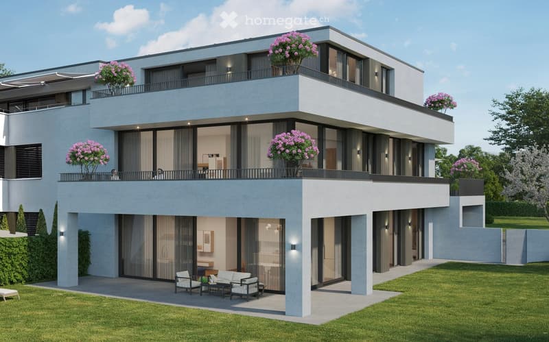 Modern two-story house with balconies, large windows, and a patio with outdoor seating.