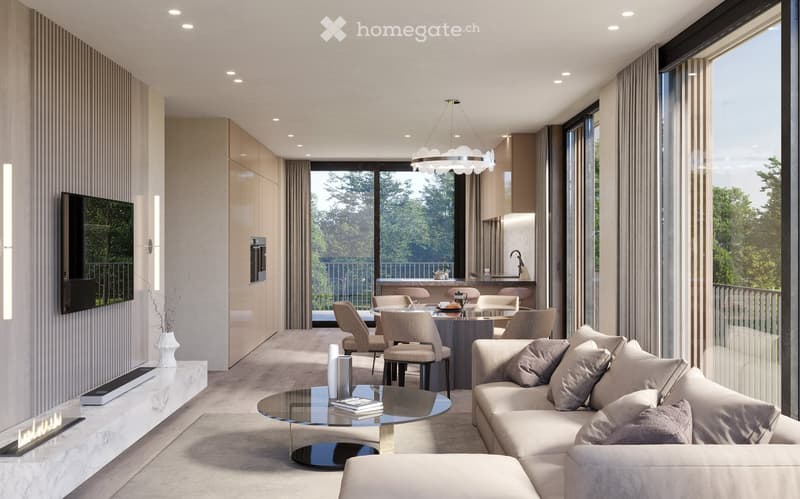 Modern living room with a large sofa, coffee table, dining table, and a view of the outside.