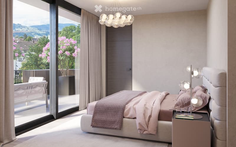 Furnished Room. Modern bedroom with a bed, nightstand, and a balcony with a view of the mountains.