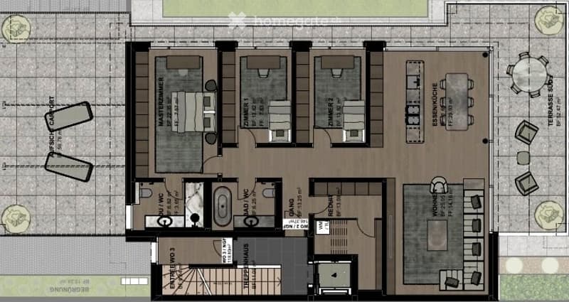 Floor plan with living room, kitchen, 3 bedrooms, 2 bathrooms, dining area, and outdoor space.