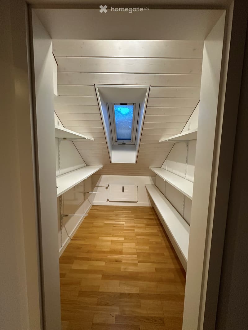 An empty attic room with wooden floors, white ceiling, and white shelves on both sides. There is a window on the ceiling.