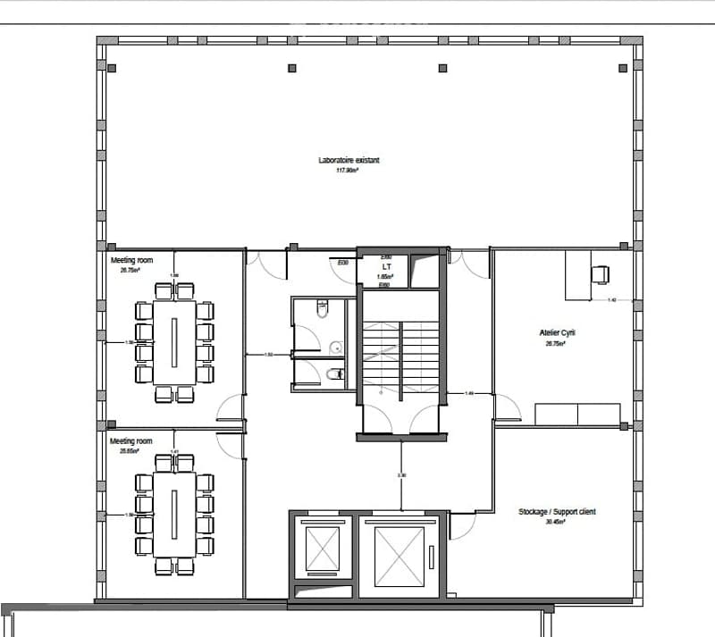 Laboratory, meeting room, office, storage, staircase