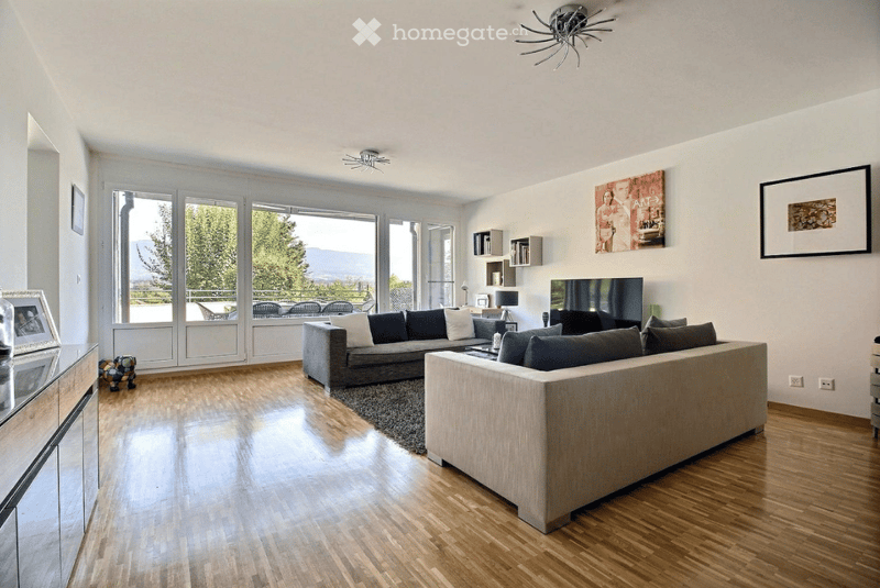 Spacious living room with large windows, wooden floors, and modern furnishings.