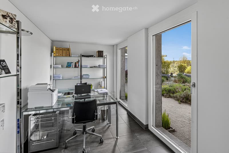 Modern office with glass desk, black chair, printer, monitor, shelves with books and binders, and a plant.