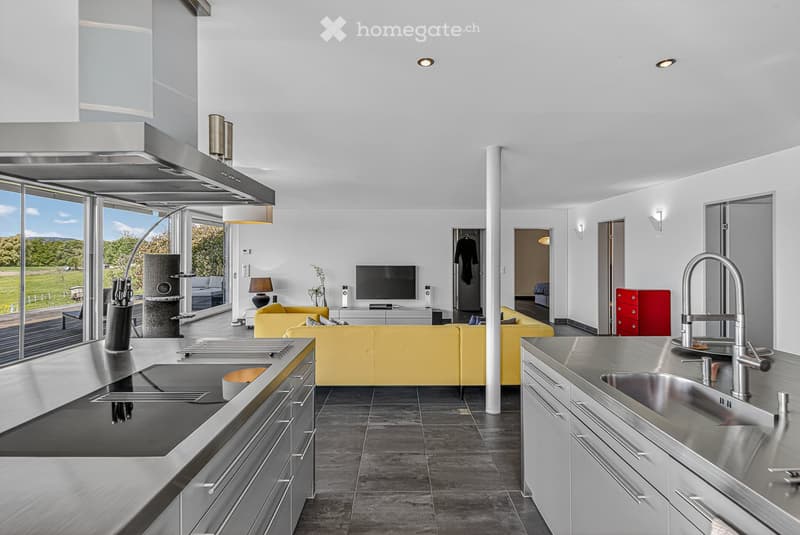 Modern kitchen with stainless steel cabinets, countertops, and appliances. Yellow sofa in the living area, large windows, and a television.