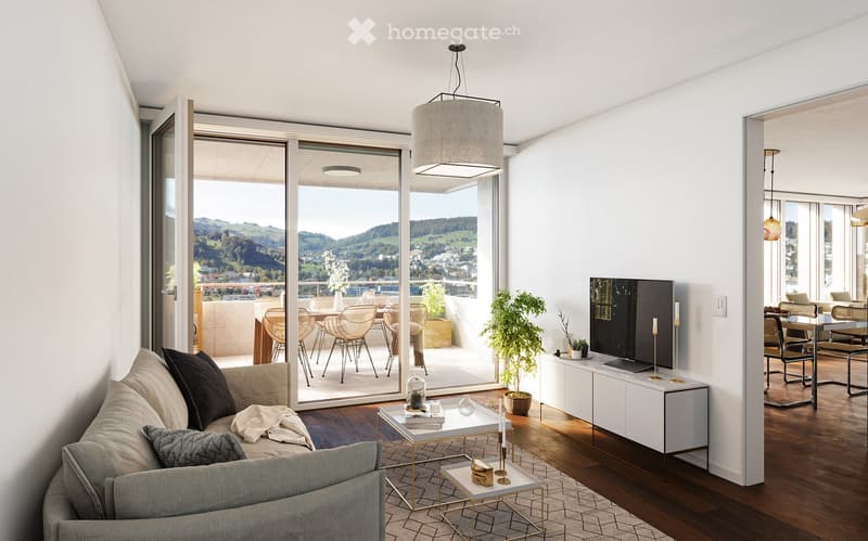modern living room with gray couch, coffee tables, TV, sliding glass doors to balcony, wooden floor