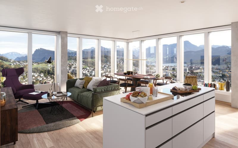 open plan living room and kitchen, large windows, modern furniture, city view
