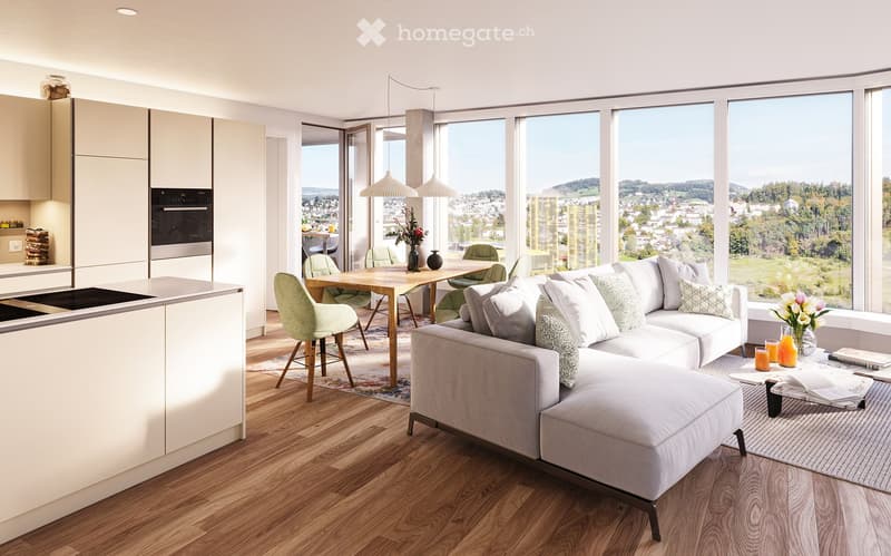modern living room with large windows, wooden floor, white couch, dining table, kitchen with modern appliances