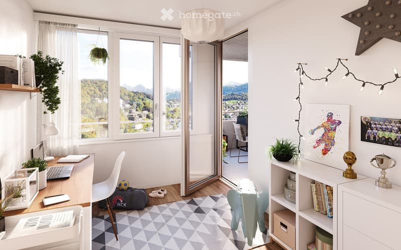 Desk, chair, laptop, books, potted plants, rug, trophies, star decoration, string lights, shelves, open door
