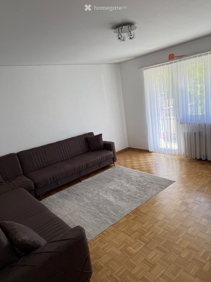 Spacious living room with a large brown sofa, a gray rug, and a white wall. The room has a wooden floor and a white curtain on the window.