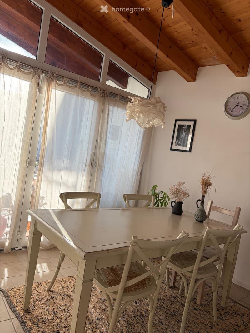 Dining room with a white table, wooden chairs, a rug, a clock, a picture frame, and a plant