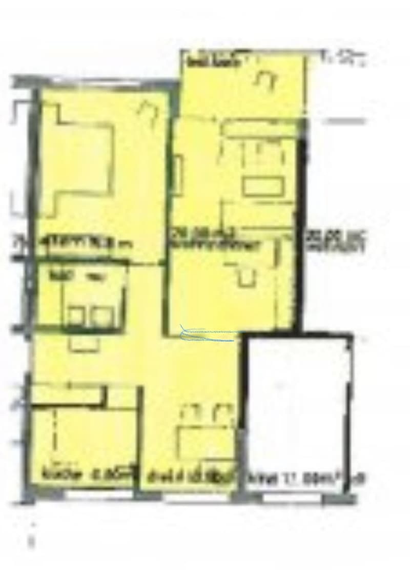 Floor plan with living room, kitchen, 2 bedrooms, 2 bathrooms, and a balcony.