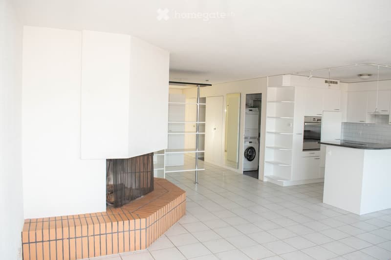 modern interior, white tiles, fireplace, white kitchen, white cabinets, washing machine