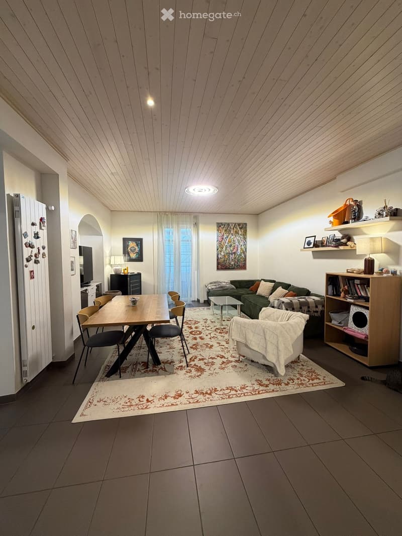 A modern living room with a green sofa, wooden dining table, chairs, a shelf, and a cat tree. The room features a patterned rug, wooden ceiling, and large windows with curtains.