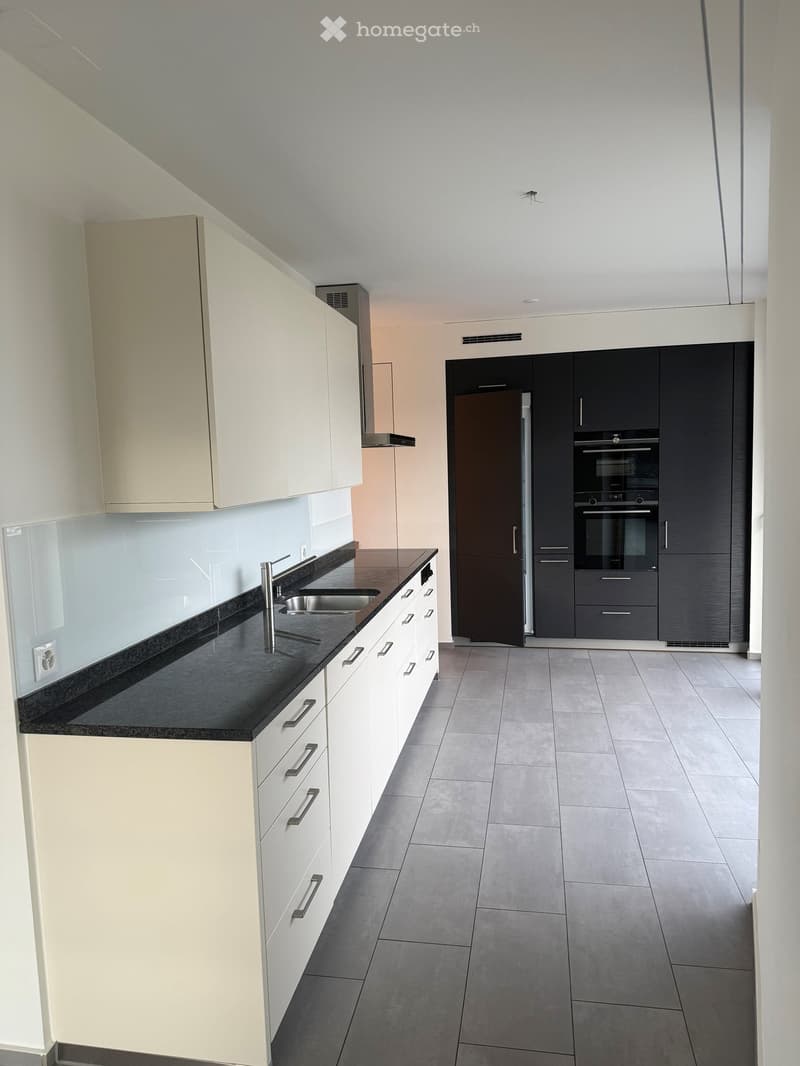 modern kitchen with white cabinets, black countertops, stainless steel sink, and appliances