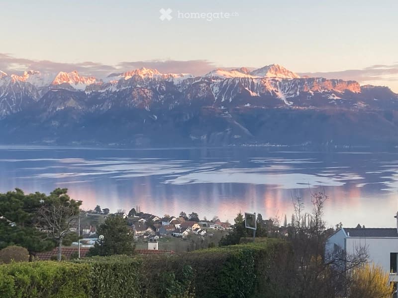 Mountains, lake, village, trees, bushes, clear sky