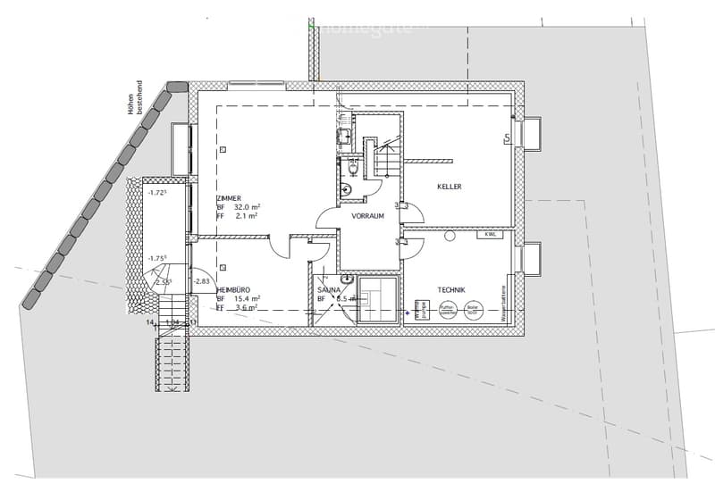 Floor plan showing a basement level with rooms including a sauna, technical area, and storage space. Includes labeled areas such as 'ZIMMER', 'VORRAUM', and 'HEIMBURO'.