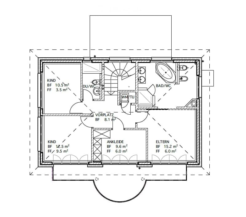 Floor plan of a house with two bedrooms, a living area, a bathroom, and a hallway.