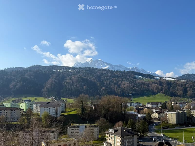 Aerial view of a town with multiple buildings, surrounded by green fields and mountains.