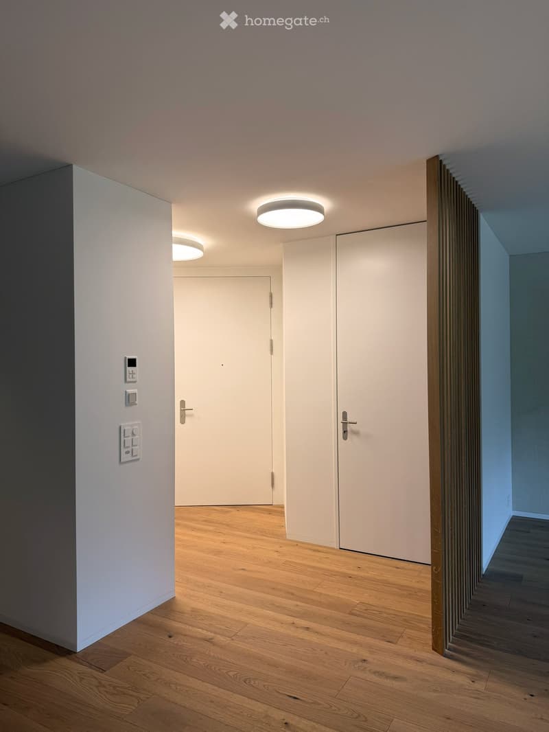 Empty corridor with white walls, wooden floor, and two ceiling lights. Two white doors are present, one of which is open.