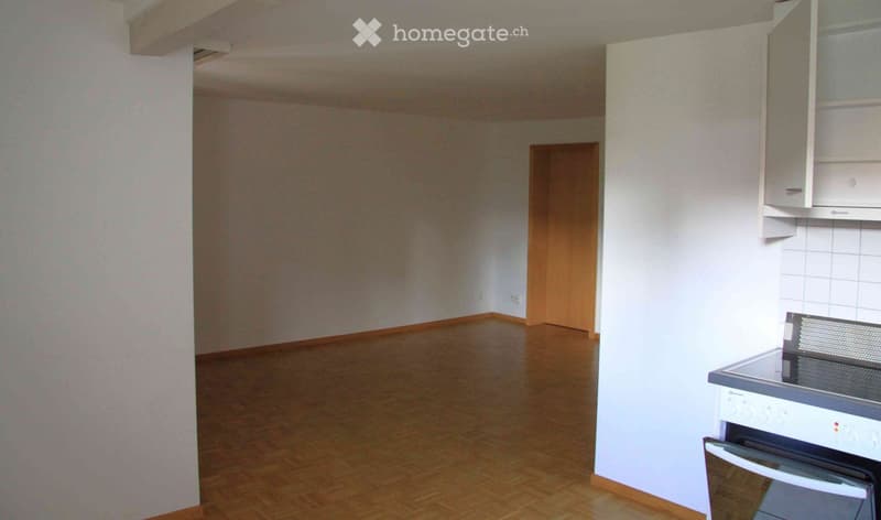 An empty kitchen with wooden floor, white walls, a white cupboard, a white appliance and an electrical socket
