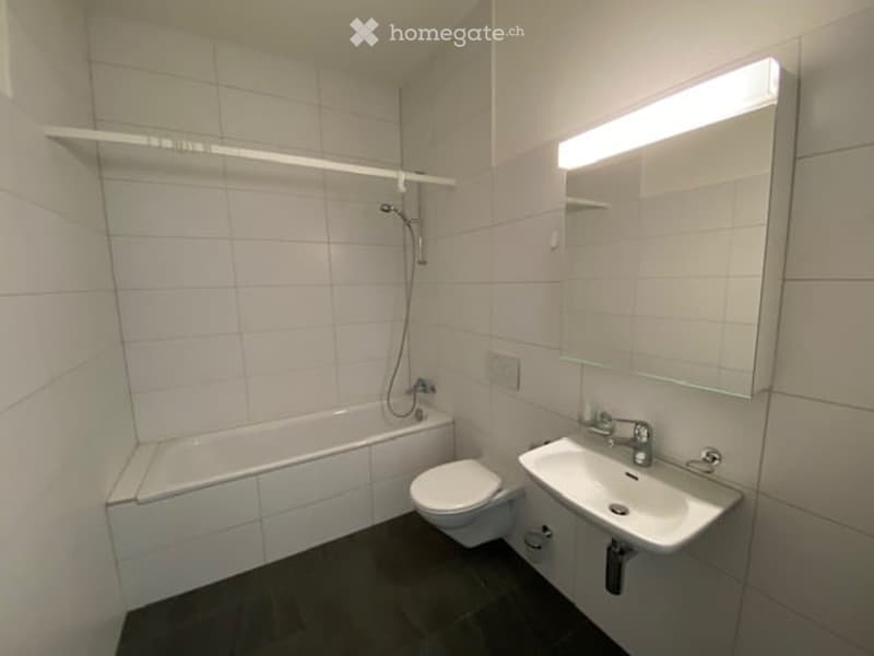 Bathroom with bathtub, toilet, sink, mirror, and shower