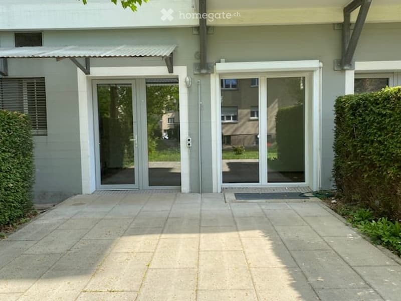 Double glass doors, tiled floor, metal awning, hedges, building with windows