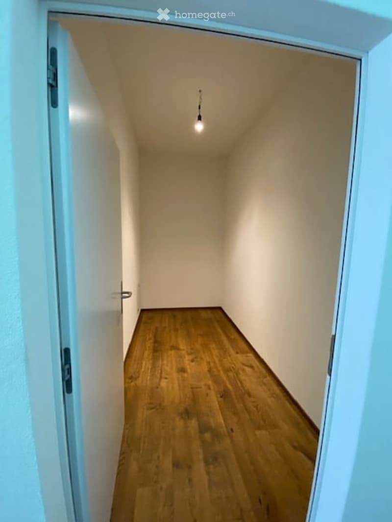 Empty room with wooden floor, white walls, and a light fixture on the ceiling.