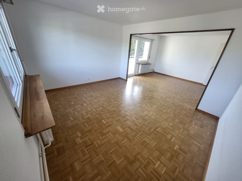 Empty room with wooden herringbone flooring, white walls, large windows, and a radiator in the adjacent room.