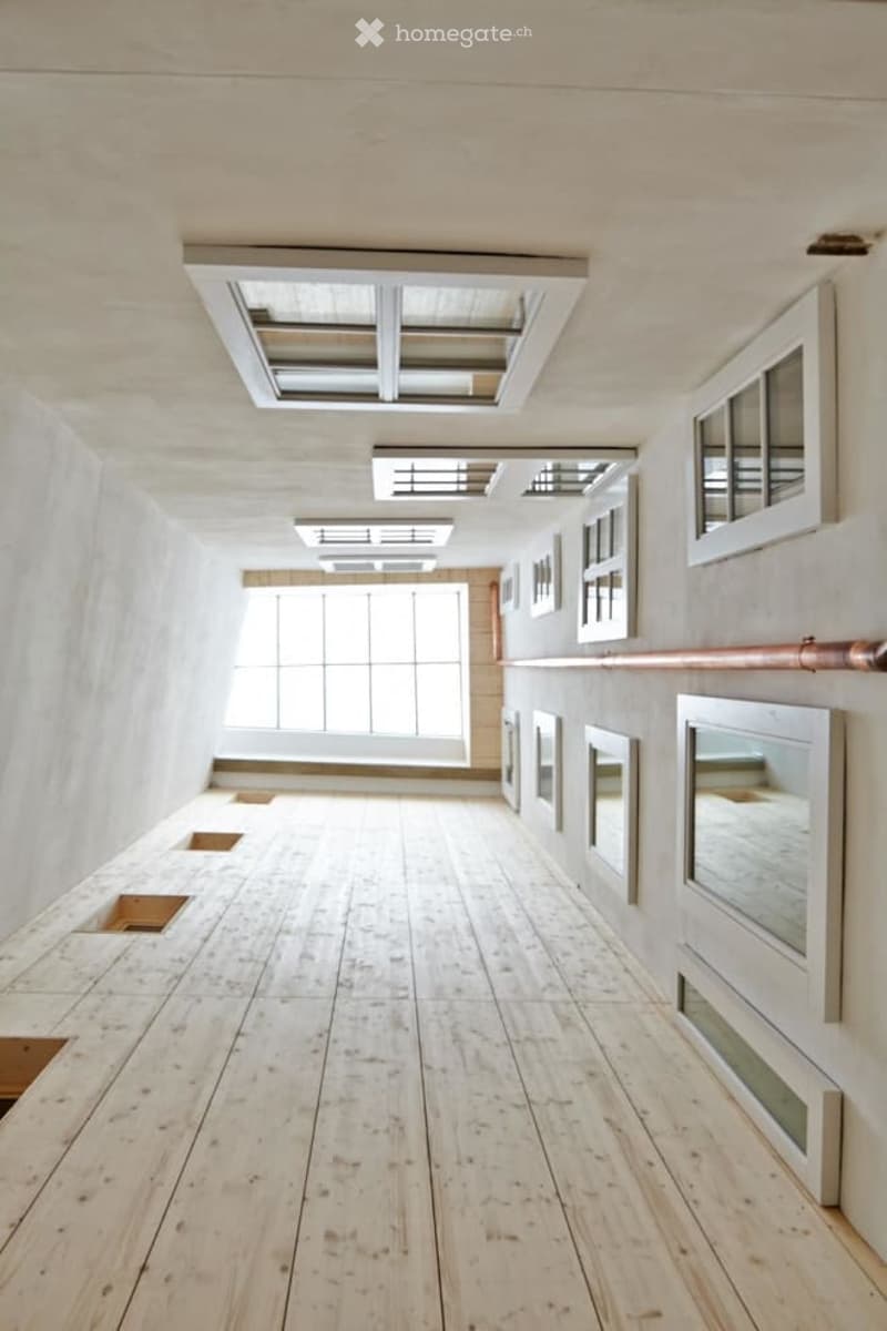 A corridor with wooden floors and white walls, featuring multiple windows and skylights.