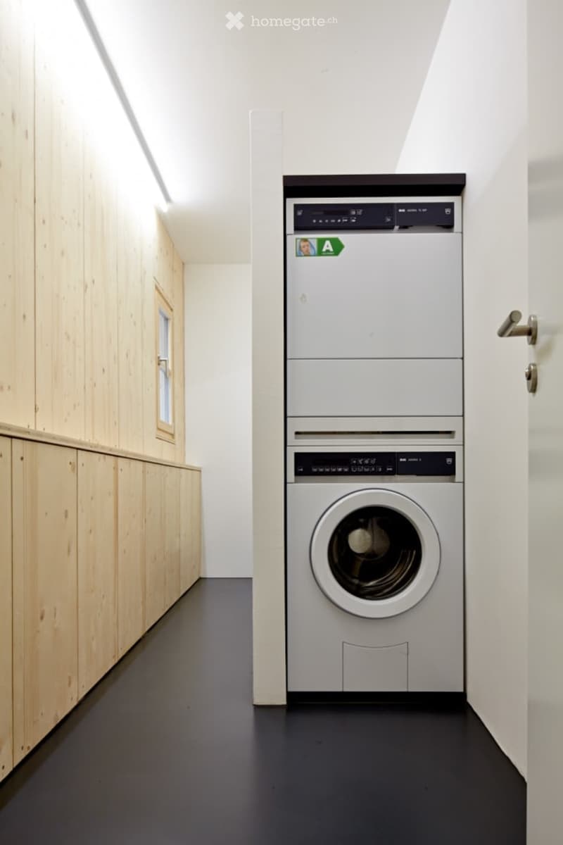 A small room with a washing machine and a dishwasher, wooden walls, and a black floor.