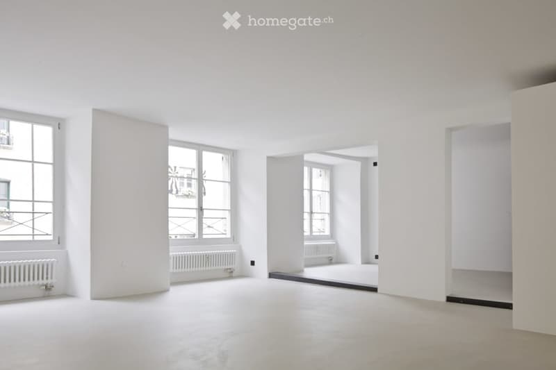 Completely empty room with white walls, floor, and ceiling. Large windows and white radiators are visible.