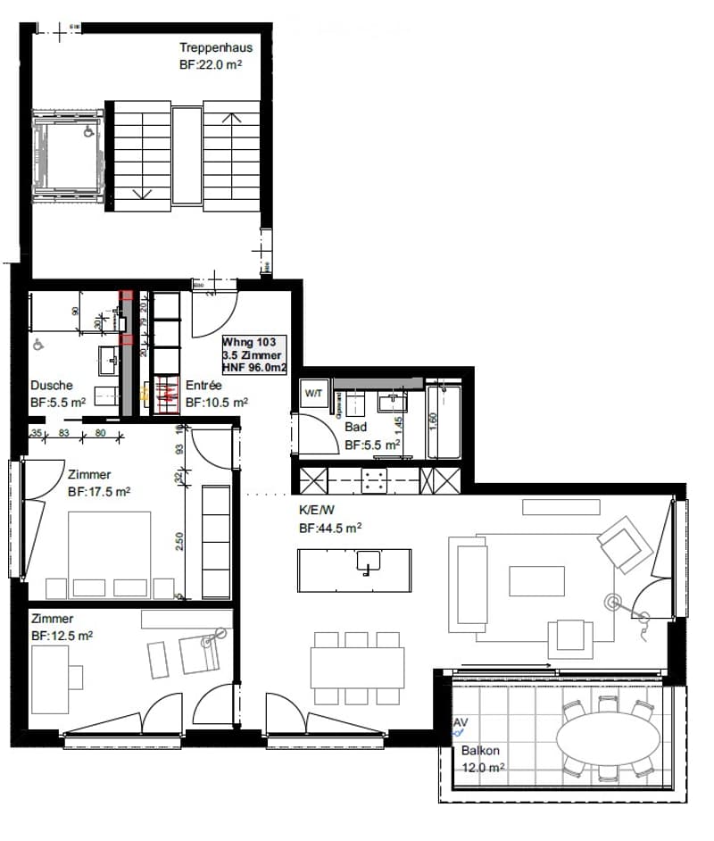 staircase, entrance, living room, kitchen, 3 bedrooms, bathroom, balcony