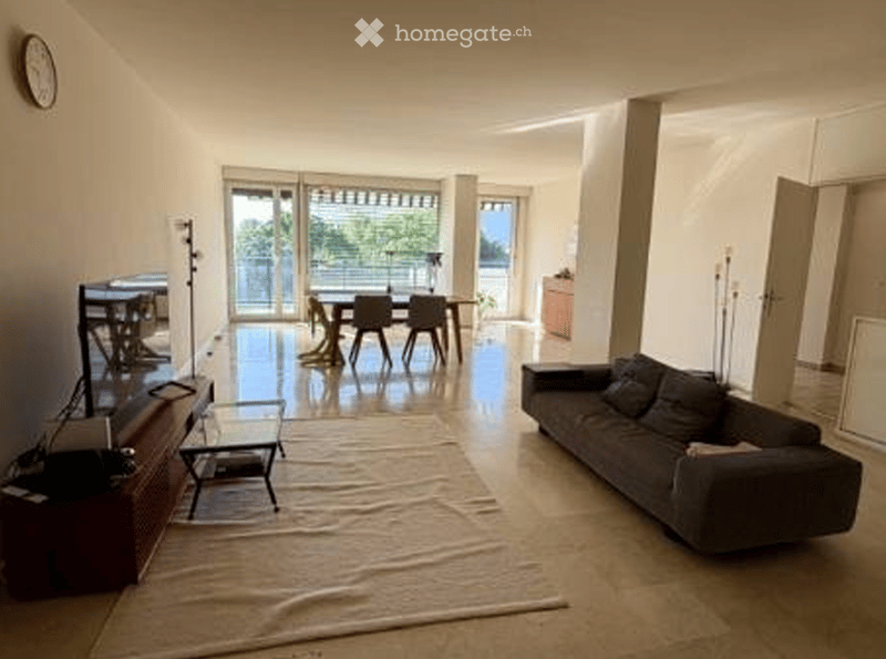 Spacious living room with a couch, rug, coffee table, and a television. There is an entertainment center, a dining table with chairs, and lamps. A clock is on the wall, and there is a plant and a cabinet. The room has a doorway leading to another area, wi